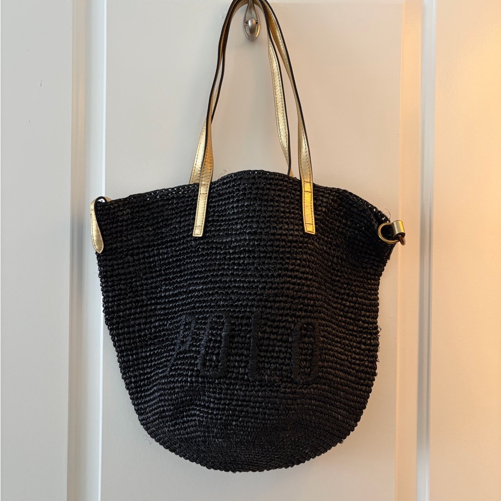 Polo Ralph Lauren Black Woven Straw Tote with Gold Straps